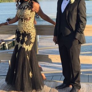 Black and gold mermaid prom dress